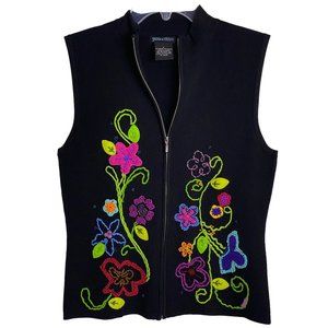 (3-091) Yarn & Stitches Zipper Front Knit Vest - Embroidery Appliques and Beads